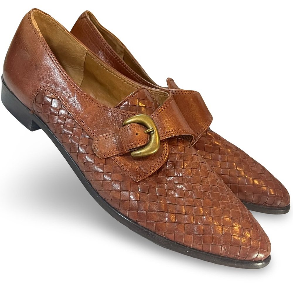 Vintage Bandolino Cognac Woven Leather Collegiate Buckle Loafer Size 8 Narrow - Picture 2 of 9